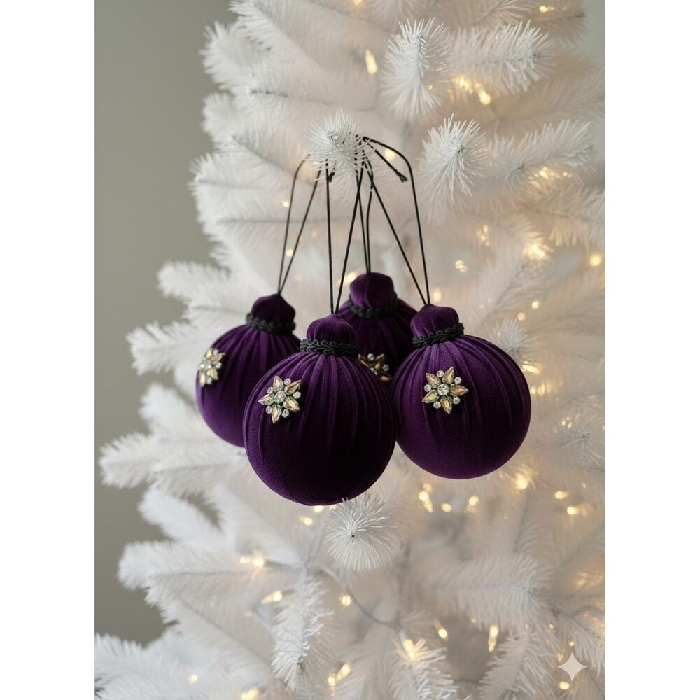 Purple Velvet Christmas Ornaments, Handmade Baubles, Gift Boxed, Set of 6, Moody